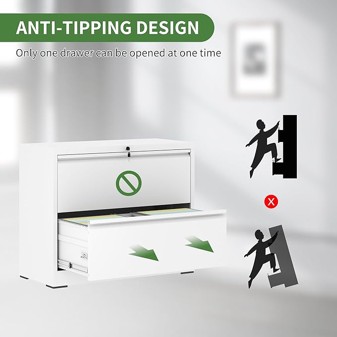 Lateral File Cabinet with Lock,2 Drawer Metal Filing Cabinets for Home Office, Storage Cabinet for Hanging Files Letter/Legal/F4/A4 (White)