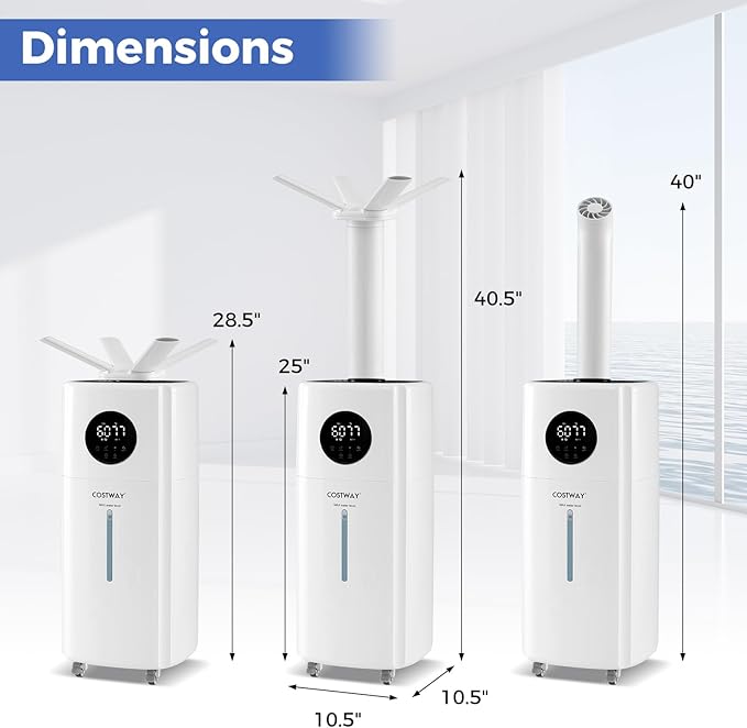 COSTWAY 21L Humidifier for Large Room, 5Gal Whole House Ultrasonic Humidifier with 3 Mist Levels, Extension Tube, 360° Nozzles & Remote Control, Top Fill Commercial Humidifier with Wheels for Home