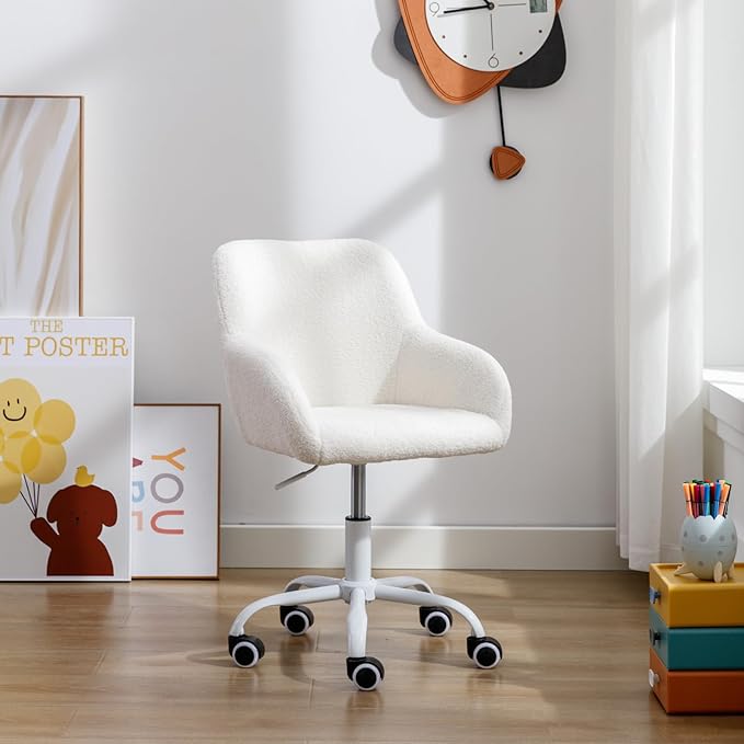 Kids Desk Chair Faux Fur Upholstered Swivel Reading Chair, Cute Adjustable Study Chair with White Wheels for Reading Room Bedroom, White