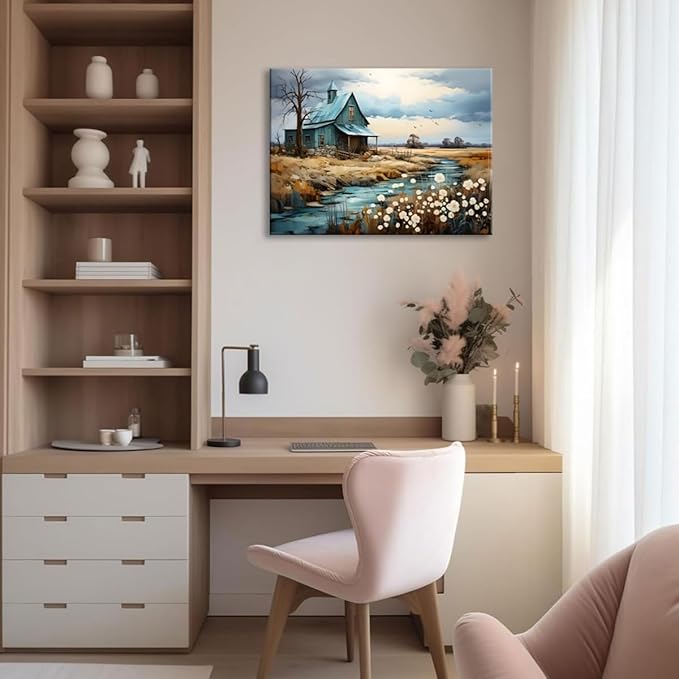 CYULWNNO Farmhouse Wall Art Barn Farm Landscape Painting Pictures Decor Blue Farm Nature Wildflower Rustic Scenery Canvas Prints Artwork Frame Living Room Bedroom Bathroom Wall Decor 12"x16"