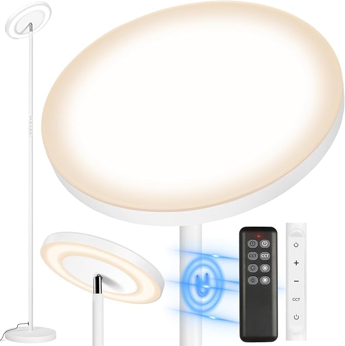 OUTON LED Torchiere Floor Lamp, Super Bright Dimmable Tall Standing Lamp with Remote Touch Control, 4 Color Temperatures, 1-Hour Timer for Living Room, Bedroom, Office (Matte White)
