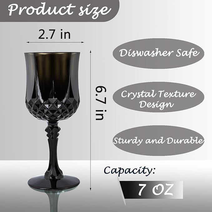 Plastic Wine Glasses，Plastic Goblets Vintage Style Cordial Drinking Glasses for Wedding Reception, Grand Event Party Supplies (24, Black)