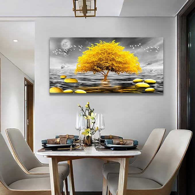 Wapluam Canvas Wall Art For Living Room Large Wall Decor For Bedroom Modern Office Wall Decoration Black And White View Wall Painting Yellow Tree Pictures Artwork For Walls Room Home Decor 40X20 in