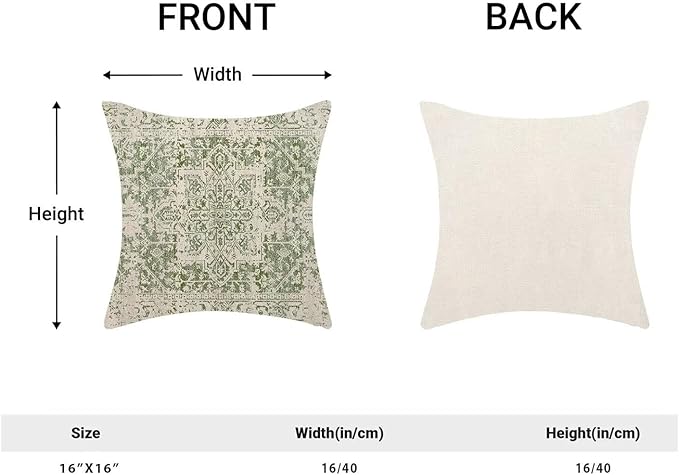 BETGINY Spring Sage Green Ethnic Boho Throw Pillow Covers 16 x 16 Inch Pack of 2, Bohemian Carpet Pattern Decorative Pillow Cases Vintage Outdoor Linen Farmhouse Cushion Case for Home Sofa Decor