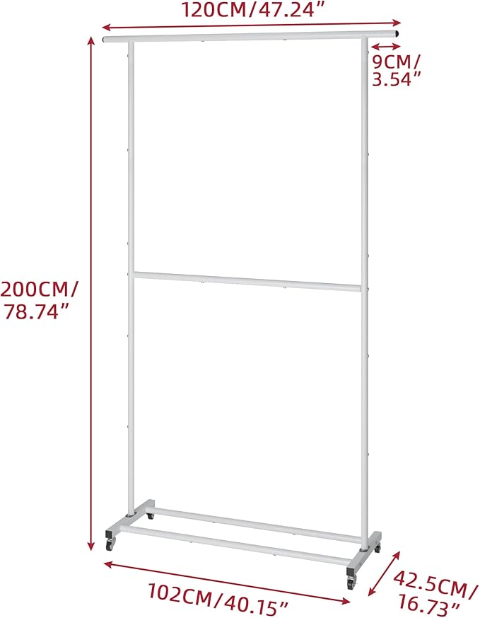 Sywhitta Double Rod Clothing Garment Rack, Rolling Clothes Organizer on Wheels for Hanging Clothes, Easy to Assemble, Adjustable, White