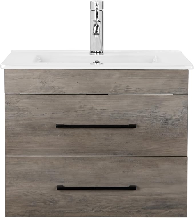 Goujxcy 24" Wall Mounted Bathroom Vanity with Sink, Modern Floating Bathroom Cabinet with Ceramic Sink & Double Drawers, Wood Hanging Bath Room Cabinet with Soft-Close System (Grey)