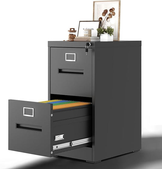 2 Drawer Vertical File Cabinet Home Office Metal Filing Cabinet, D17.7 Locking File Cabinets with Keys, Anti-Tilt Design, Steel Drawer Cabinet for A4/Legal/Letter,Need Assemble (Black)