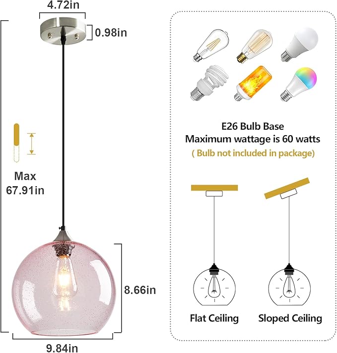 Pink Glass Pendant Lights Kitchen Island Globe Pendant Light Fixtures Modern Pendant Lighting for Bedroom Living Dining Room Light Fixture (9.84 in, 1 Pack)