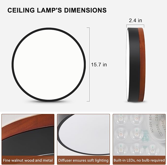 LED Dimmable Flush Mount Ceiling Light, Black and Wood, 5CCT in One, Minimalist Round Ceiling Lamp for Kitchen, Bedroom, Hallway, Living Room, 15.7 Inch