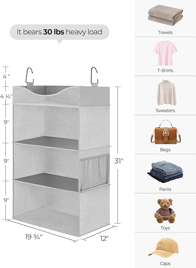 StorageWorks Hanging Closet Organizer, 3-Shelf Hanging Closet Shelves with Top Shelf, 19 ¾"W x 12" D x 31" H, Extra-Large Space, Light Grey