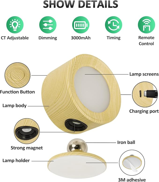 Lightbiz LED Wall Sconces, Wall Mounted Lamp 3 Pcs with Remote Rechargeable Battery Operated, 3 Color Temperatures & Dimmable Wall Lights Magnetic 360° Rotation Wireless Light