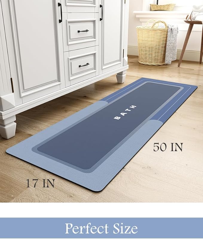 MontVoo-Bath Mat Rug Long Non Slip Super Absorbent Bathroom Runner Stain Resistant Quick Dry Thin Bathroom Mat Fit Under Door-17"x50",Navy