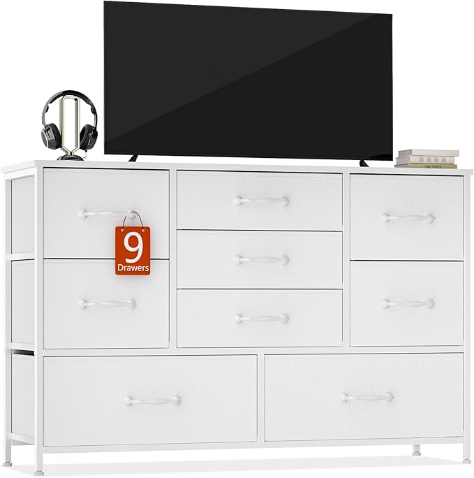 Furnulem Dresser for Bedroom with 9 Fabric Drawers for 55'' Long TV Stand Entertainment Center & Chests of Drawers, Wide Dresser Storage for Living Room, Dorm, Entryway, Sturdy Metal Frame, White