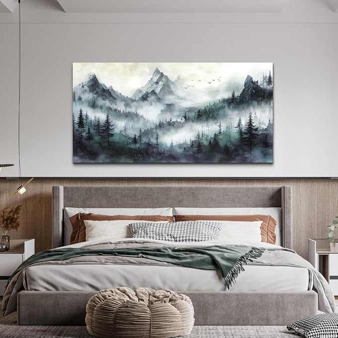 Lapremoly Modern Wall Art - Living Room & Bedroom Decor - Trees Landscape - Foggy Forest - Office Wall Decor - Canvas Prints - Ready to Hang - 40x20