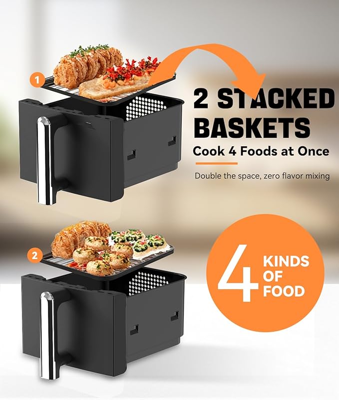 12QT Dual Layer Air Fryer Oven, 6QT×2 Capacity, Vertical 2-Basket Design, 7-in-1 Function with Broil, Roast, Bake, Reheat, Dehydrate, and Air Fry, Family Size, BPA-Free