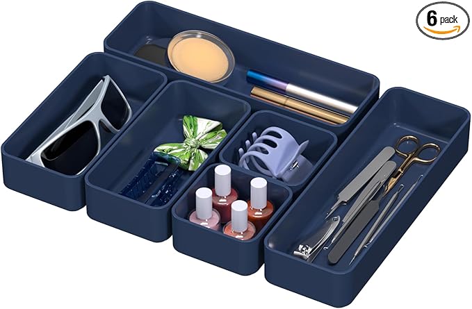CHANCETSUI 6 PCS Stackable Drawer Organizers Set, Versatile Desk and Vanity Drawer Organizer Trays, Storage Bins for Makeup, Bathroom, Bedroom, Kitchen and Office, Blue