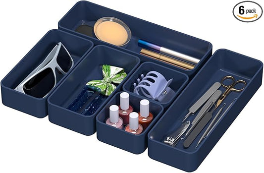 CHANCETSUI 6 PCS Stackable Drawer Organizers Set, Versatile Desk and Vanity Drawer Organizer Trays, Storage Bins for Makeup, Bathroom, Bedroom, Kitchen and Office, Blue