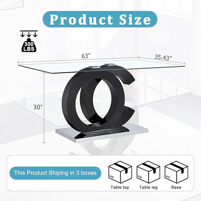gopop 63'' Modern Glass Dining Table, Clear Glass Top with Black Unique Design Leg and Silver Metal Base, Seats 4-6, 63 x 35.4 x 30 inches