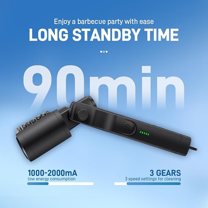 Automatic Electric Grill Cleaner - Rechargeable BBQ Brush w/Stainless Steel Head & Abrasive Replacement, Outdoor Grill Scraper Tool (Black)