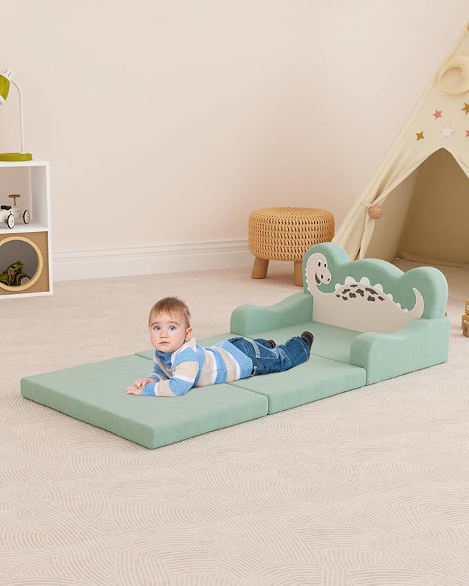 2-in-1 Kids Couch Fold Out, Convertible Toddler Couch to Lounger, Toddler Chair Comfy, Kids Sofa for Girls and Boys, Gift for Birthday, Children's Day, Dinosaur Green