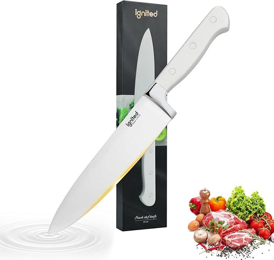 8 inch Chef Knife, High Carbon 1.4116 German Steel Kitchen Knife, Ultra Sharp Chefs Knife with Beautiful White ABS Handle, Professional Cooking Knife with Luxury Gift Box