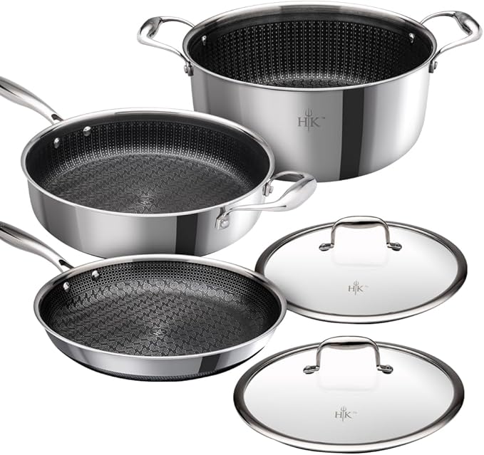 Hell's Kitchen Hybrid 5 Pc Cookware Set, Tri-Clad Stainless Steel and Nonstick Ceramic, PFAS Free, no PFOA, no PTFE, no Teflon, Non Toxic Cookware, Metal Utensil Safe, All Cooktops and Oven Safe