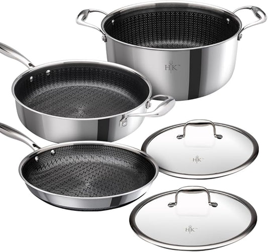 Hell's Kitchen Hybrid 5 Pc Cookware Set, Tri-Clad Stainless Steel and Nonstick Ceramic, PFAS Free, no PFOA, no PTFE, no Teflon, Non Toxic Cookware, Metal Utensil Safe, All Cooktops and Oven Safe