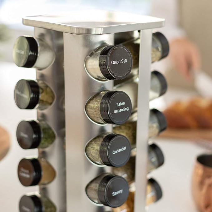 Orii 20 Jar Spice Rack with Spices Included - Revolving Tower Organizer for Kitchen Spices and Seasonings, (Stainless Steel)