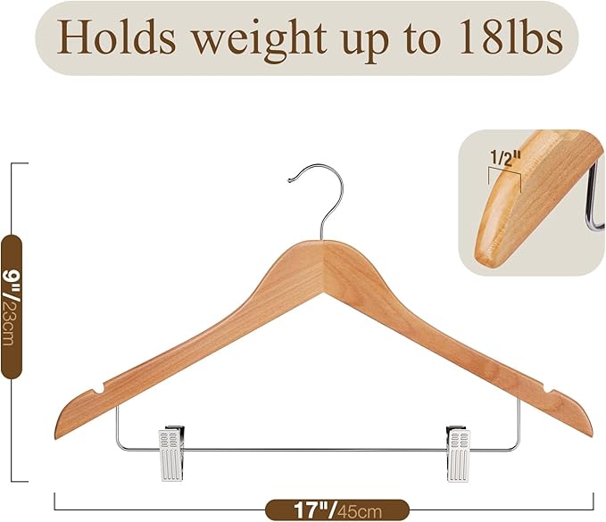 Wooden Hangers with Adjustable Heavy Duty Clips - 12 Pack Pants, Skirt, Jeans, Slacks, Shorts Hangers (Natural)