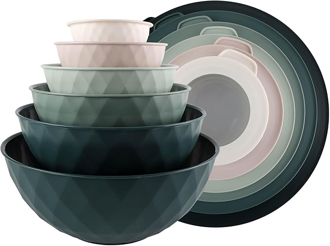 COOK WITH COLOR Mixing Bowls with Lids - 12 Piece Plastic Nesting Bowls Set includes 6 Prep Bowls and 6 Lids, Diamond Design - Microwave Safe (Mint)