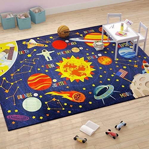 KC Cubs 8x10 Outer Space Solar System Toy Car Road Rug – Educational Play Mat Carpet for Kids, Toddlers, Nursery, Classroom, Playroom, Baby Daycare