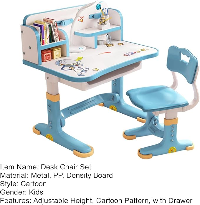 Desk and Chair Set,Kids Widened Desktop Cartoon Pattern Desk Chair Set Children Study Desk Height Adjustable Children School Study Desk School Home Study Table with Drawer Chair