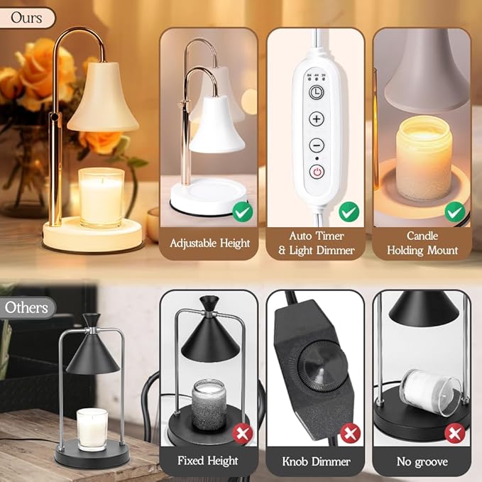 Candle Warmer Lamp White, Height Adjustable Candle Lamp Warmer with Timer, Dimmable Electric Wax Melt Warmer for Jar Candles, House Warming Gifts New Home Decor