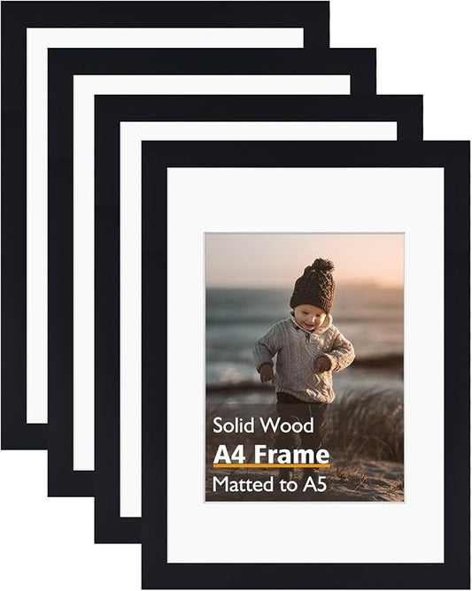 KINLINK A4 Picture Frame, Black Solid Wood Frames with Acrylic Plexiglass for Pictures A5 with Mat or A4 without Mat, Tabletop and Wall Mounting Display 4 Pack