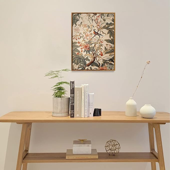 Djmwtb Framed Vintage Wall Art, Botanical Flower Wall Art,Birds Pictures Wall Decor,Nature Paintings Canvas Artwork Prints for Bedroom, Living Room 16x24in