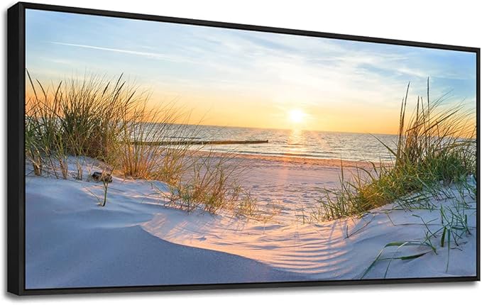 MHARTK66 Sea Beach Framed Canvas Wall Art For Living Room Wall Decor For Office Bedroom Wall Decorations Sun Seascape Large Painting Blue Ocean Canvas Pictures Artwork Black Wood Framed 20" X 40"