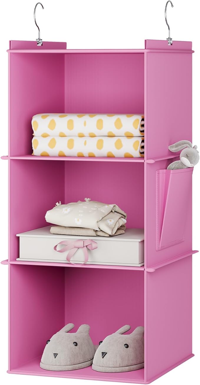 Hanging Closet Organizer, 3-Shelf Closet Hanging Storage Shelves, Light Pink