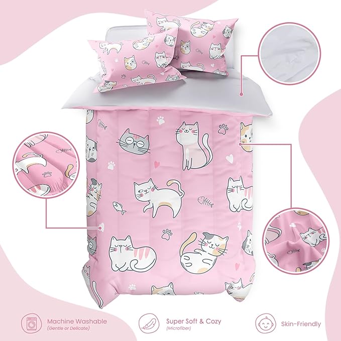 Cat Duvet Cover Sets Twin Size for Kids Girls, Include 1 Polyester Comforter Cover 68x86 Inches and 1 Pillowcase 20x26 Inches, Comforter Not Included, Gift for Christmas Birthday
