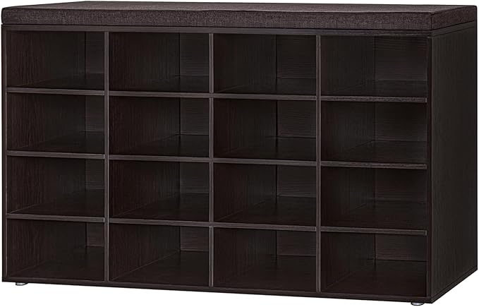 DINZI LVJ Shoe Storage Bench with Cushion, 16-Cubby Shoe Rack, Adjustable Shelves, Multifunctional Shoe Organizer Bench for Entryway, Mudroom, Hallway, Living Room, Bedroom and Garage, Espresso