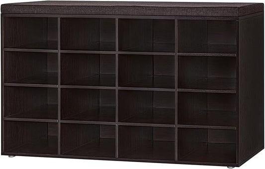 DINZI LVJ Shoe Storage Bench with Cushion, 16-Cubby Shoe Rack, Adjustable Shelves, Multifunctional Shoe Organizer Bench for Entryway, Mudroom, Hallway, Living Room, Bedroom and Garage, Espresso