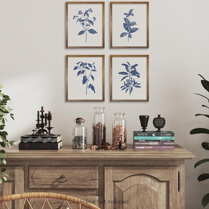 French Country Minimalist Plant Wall Decor - Blue Botanical Sketch Drawing Etching Wall Art - Farmhouse Leaf Poster Kitchen - Beige Neutral Vintage Flower Print Picture - Antique Minimal Blue Floral