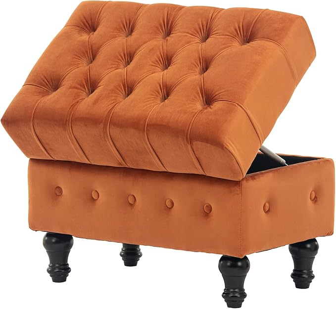 Artechworks Rectangular Storage Coffee Table Ottoman,Button Tufted Velet Upholstery Footstool Bedroom Ottoman for Living Room, Home Office, Space-Saving Storage Toy Box Stool, Caramel