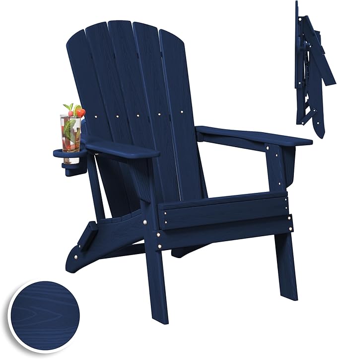 Plawdlik Folding Adirondack Chair, SGS Tested, Wooden Textured with Cup Holder, Heavy All-Weather HDPE Comfortable Set Poolside Backyard Lawn Navy Blue