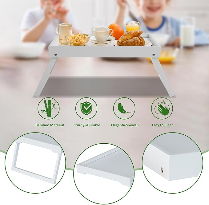Bamboo Bed Tray Table with Foldable Legs, Breakfast Tray, Laptop Desk for Bed or Sofa,Food,Dinner,Serving,TV Table,Kitchen,Eating,Working (White)