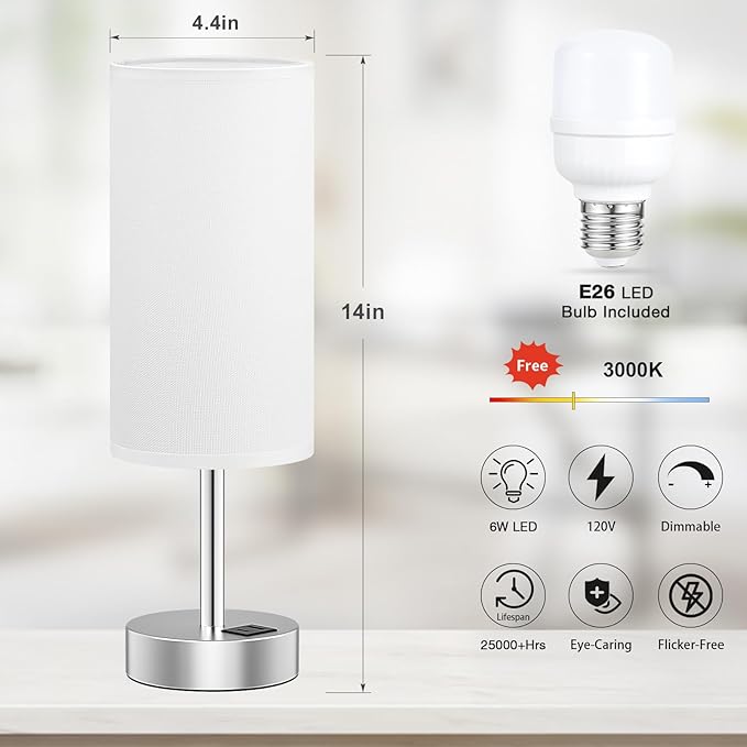 White Touch Bedside Lamp with USB - 3 Way Dimmable Table Lamp for Bedroom, Nightstand Lamp with Nickel Charging Station and Silver LampHolder for Dorm Kids Room, Small