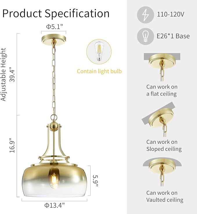 WUZUPS Gold Chandelier Rustic Farmhouse Industrial Round Ceiling Pendant LED Light Fixture with Gradient Glass Shade for Dining Room Kitchen Island Foyer Entryway, H 17" W 13.4", E26 Base