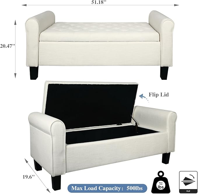 Storage Ottoman Bench with Arms, End of Bed Bench for Bedroom, Button Tufted Storage Bench for Entryway, Living Room,Hallway, Large Storage Bench Foot Rest (Beige)