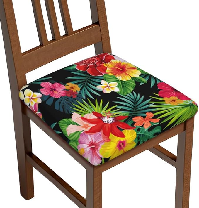 Seat Covers for Dining Room Chairsset of Set of 4, Hawaiian Floral Flower Stretch Chair Seat Covers Cushion Slipcovers for Kitchen Office