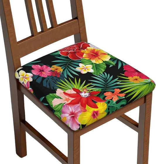 Seat Covers for Dining Room Chairsset of Set of 4, Hawaiian Floral Flower Stretch Chair Seat Covers Cushion Slipcovers for Kitchen Office