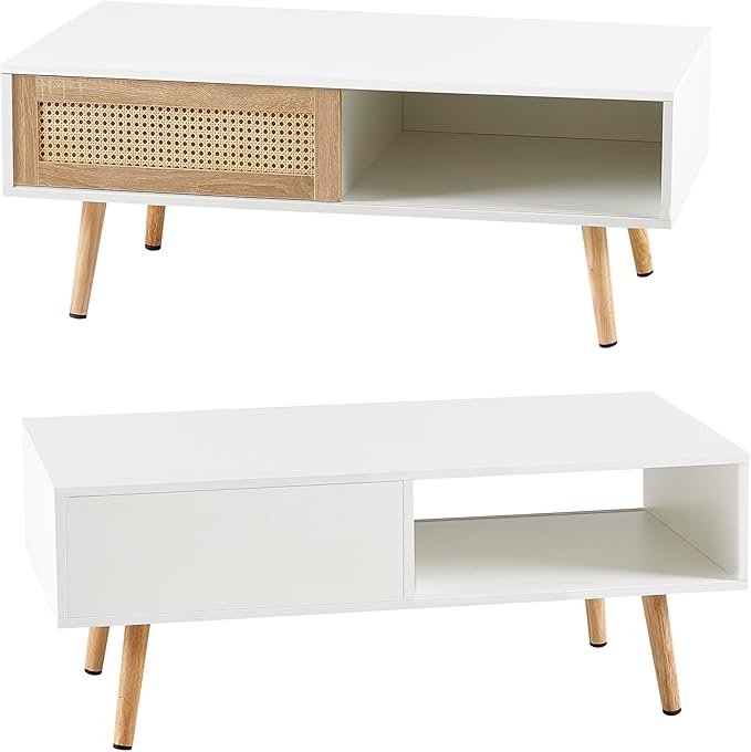 Rattan Coffee Table, 40.3" Mid Century Modern Coffee Table with Storage, Farmhouse Rectangle Wooden Accent Center Sofa Table for Living Room, White